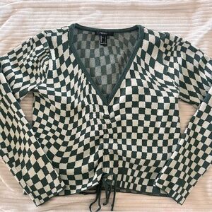 Forever 21 V-Neck Sweater in Green and Cream Checkered Pattern